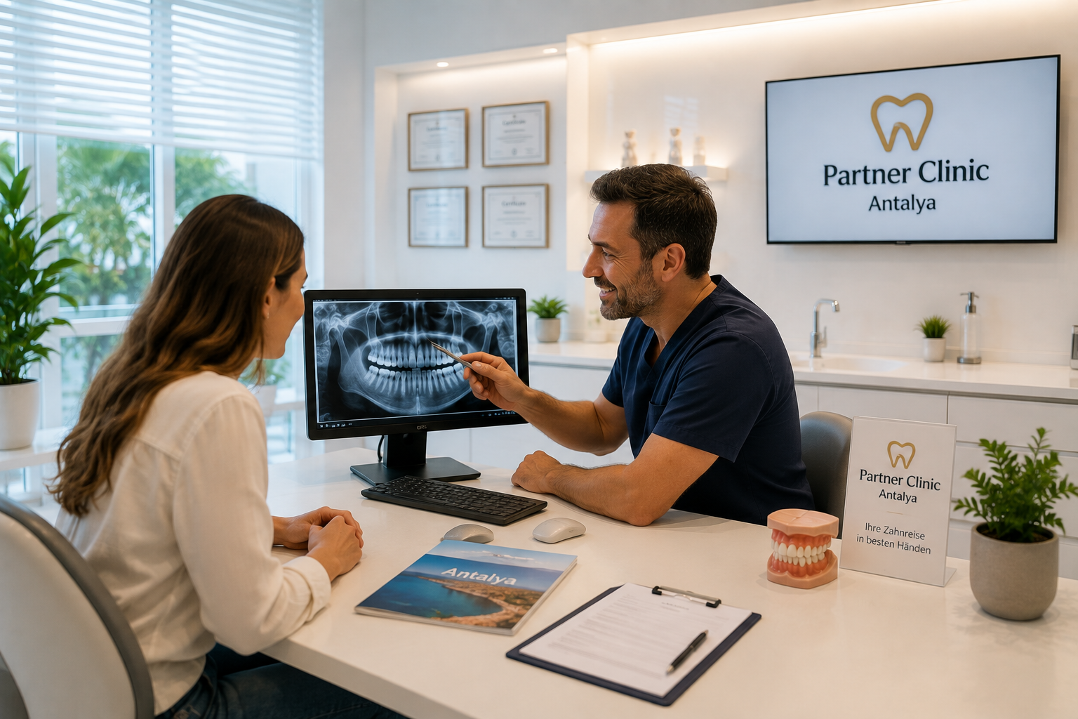 Über Uns Zahnarzt erklärt einer Patientin die Behandlung in einer Partnerklinik in Antalya